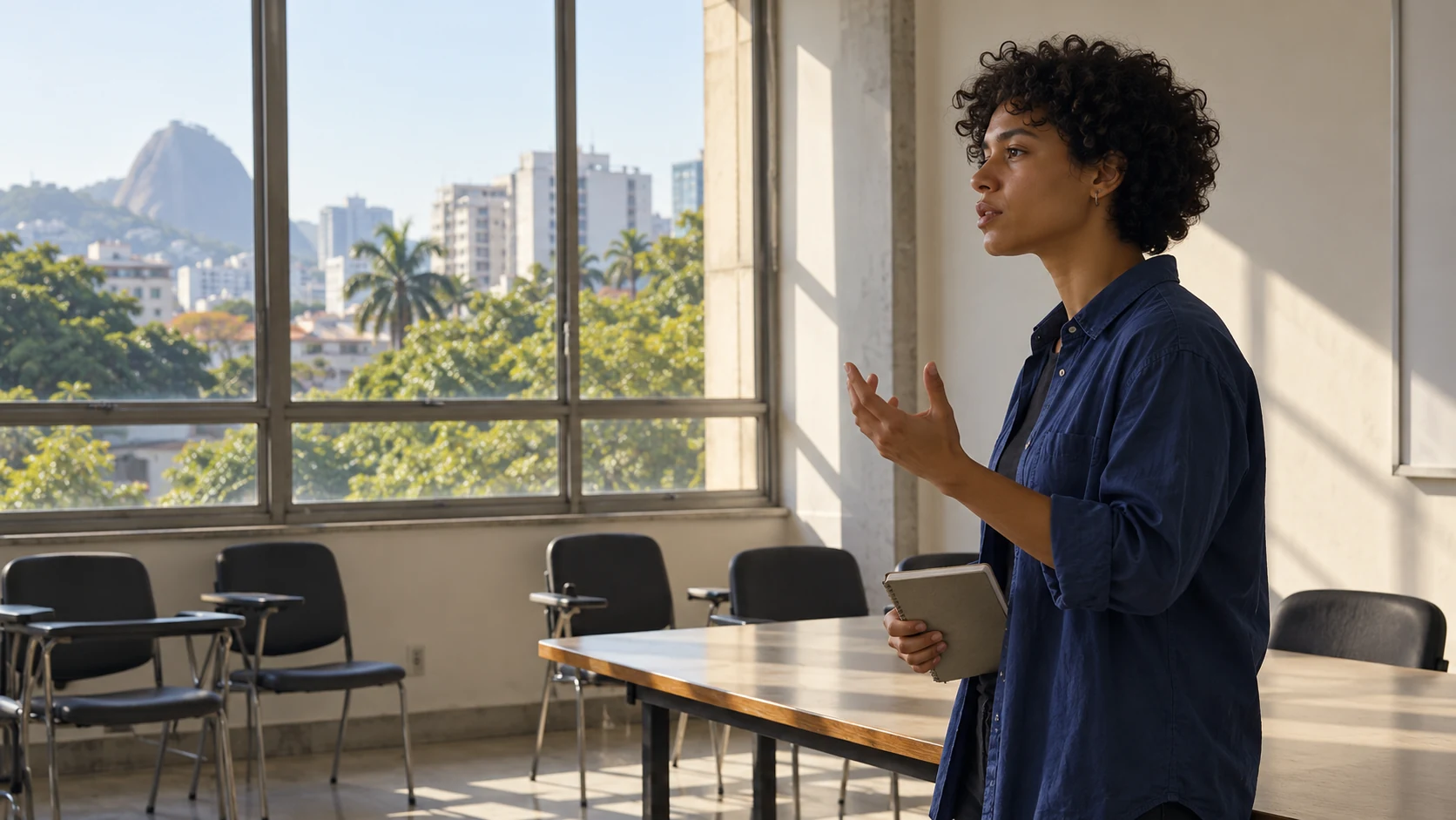 Pessoa ensaiando uma explicação em uma sala de aula iluminada.